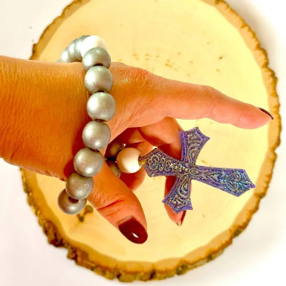 NWOT HANDMADE Cross Rosary (Blue, White and Silver) - Picture 2 of 3